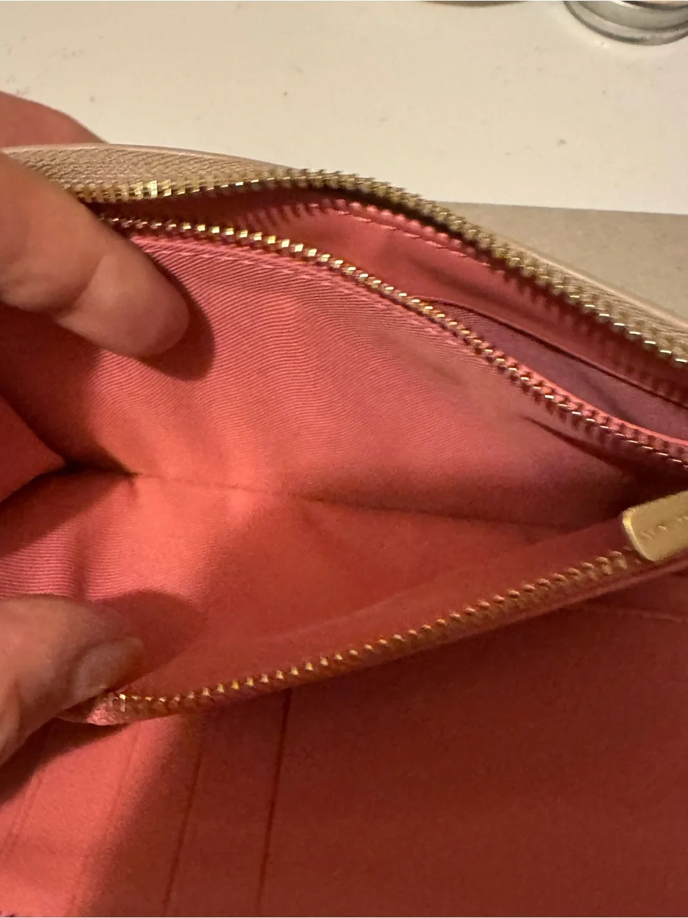 GUC Coach Medium Zip Wallet-Taupe, White, Pink with Pink Interior